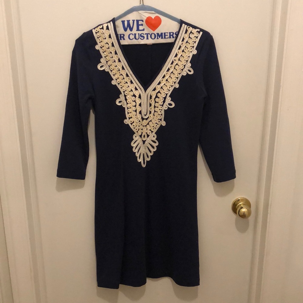 Lilly Pulitzer, Navy with gold detailing long sleeve dress, size XS